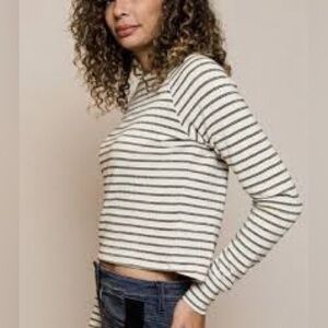 LNA Striped Long Sleeve Crew Neck Top Cream Metallic Thread Size Small